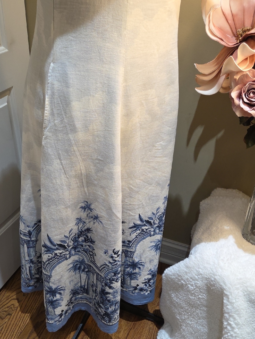 Nwt 8 & 6 & 4 Rachel Zoe White Linen Maxi Dress with Blue Scenic Hem - Picture 15 of 16